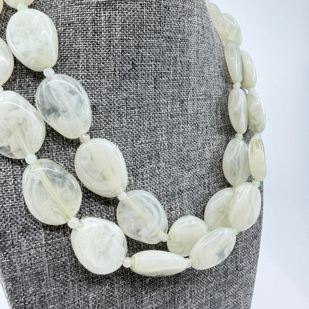 Pale Green Translucent Marbled Bead Double Strand Necklace Statement Jewelry